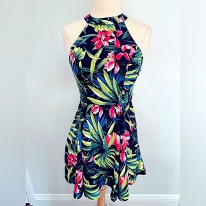 Hollister Fit and Flare High Neck Sleeveless Tropical Floral Mini Dress